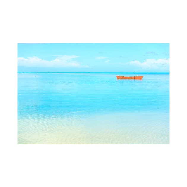 Orange outrigger canoe moored in bay. by brians101