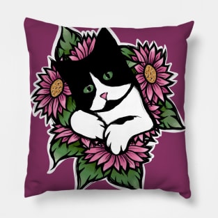 Tuxedo Cat Floral Pillow