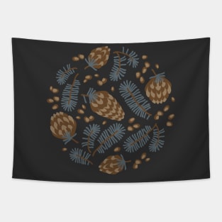 Pattern of coniferous twigs, nuts and cones (dark) Tapestry