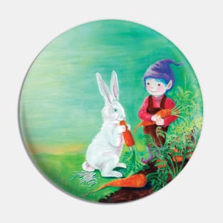 Rabbit Eating Carrot and a Gnome with Purple Hat Illustration Pin