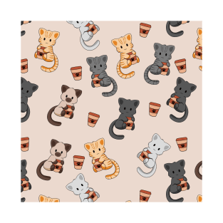 Cats and Coffee Pattern Brown T-Shirt