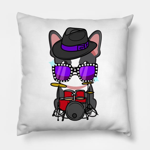 Cute French Bulldog jamming on the drums Pillow by Pet Station