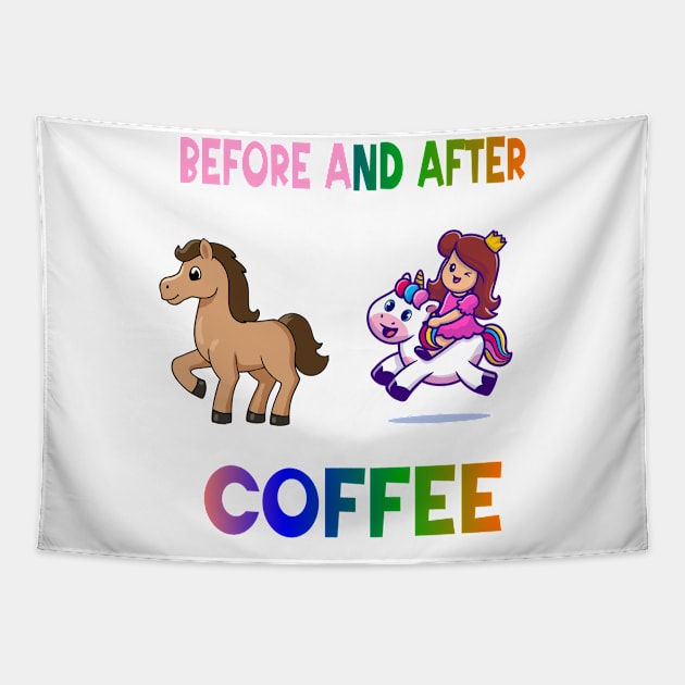 Before and after coffee Unicorn Tapestry by A Zee Marketing