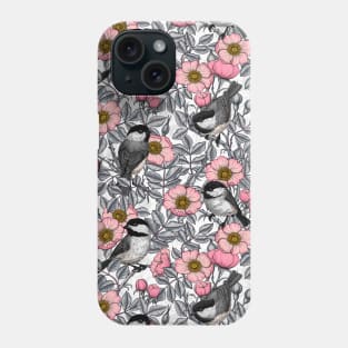 Chickadees in the wild rose, pink and gray Phone Case