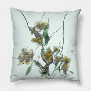 yellow watercolor and sumiE ink flowers Pillow