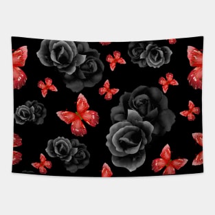 Black Roses and Red Butterfly Pattern Tapestry