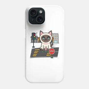 Cute Siamese cat is skate boarding on the street Phone Case