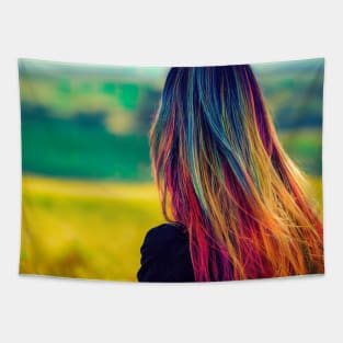 Woman with colorful hair at farm Tapestry