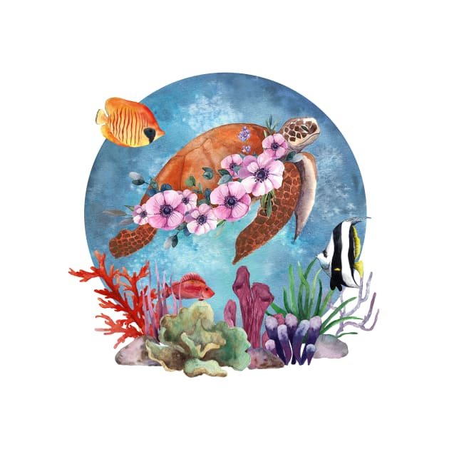 Sea Turtle Flowers Coral Reef Stickers (2) by candiscamera