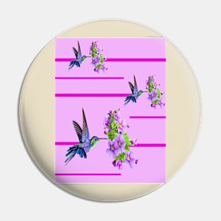 Hummingbirds and purple flowers on pink Pin