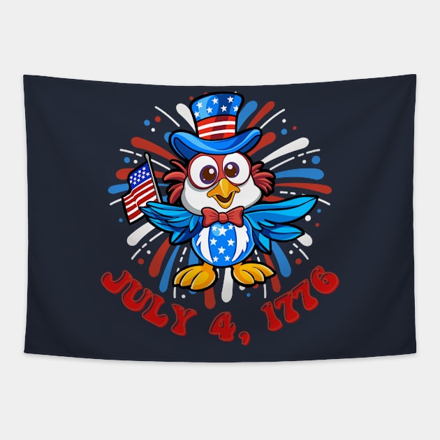 Patriotic Fireworks and Baby Bird on July 4, 1776 Tapestry by Contentarama