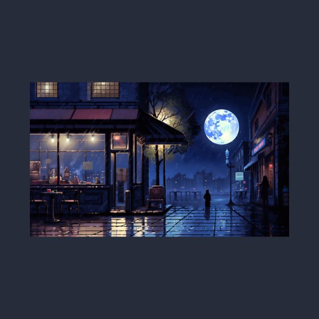 32-bit pixel art Blue Moon Cafe on Rainy Night by Saypan Arts