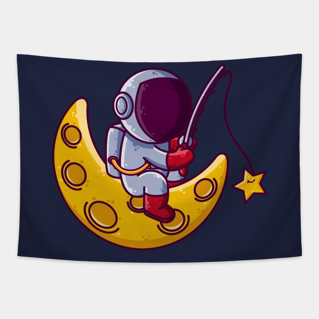 Cute Astronaut Fishing on Moon Cartoon Tapestry by Ardhsells