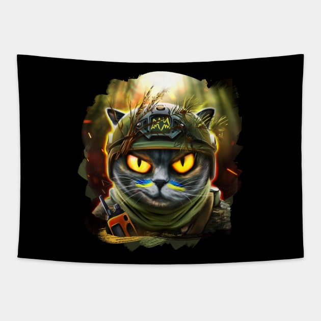 Ukrainian cat agent in the night forest Tapestry by Marysha_art