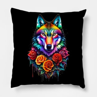colorful wolf with flowers Pillow
