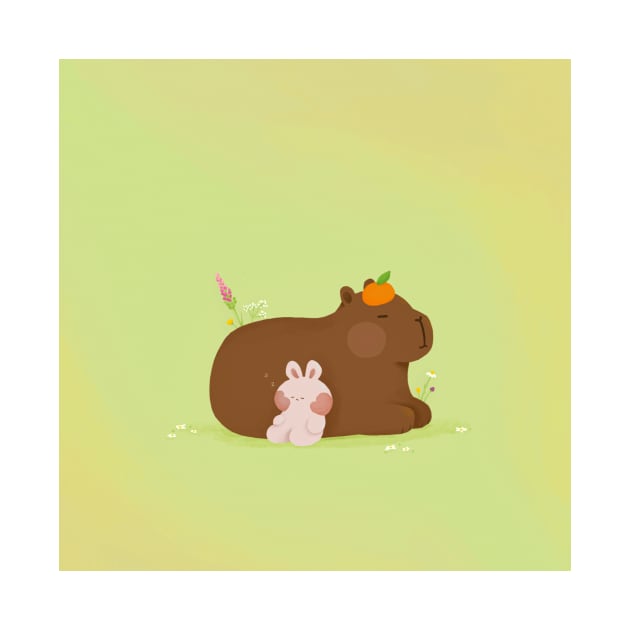 Relaxing capybara and rabbit by mamemaji