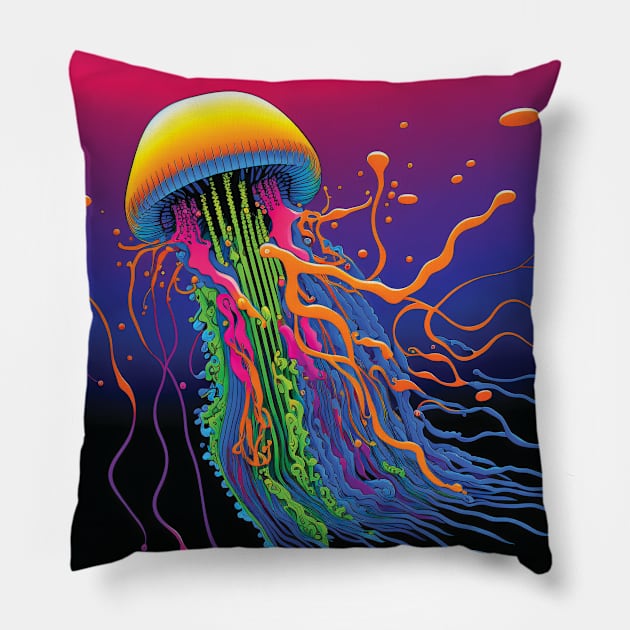 Neon Jellyfish Bold Paint Pillow by Geminiartstudio