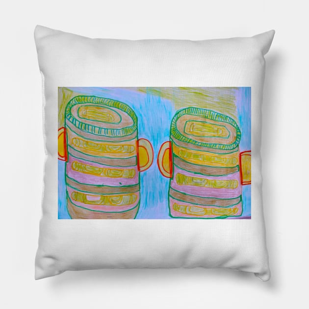 African Drums in Green and Yellow on Blue Background Pillow by PodmenikArt