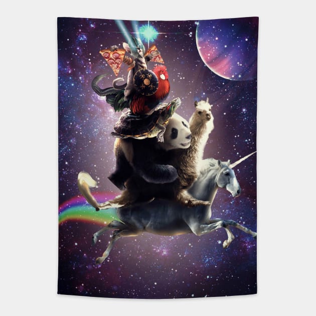 Cat Riding Chicken Turtle Panda Llama Unicorn Tapestry by Random Galaxy