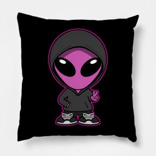 Hooded Space Alien Peace Hand Sign Pink Pillow