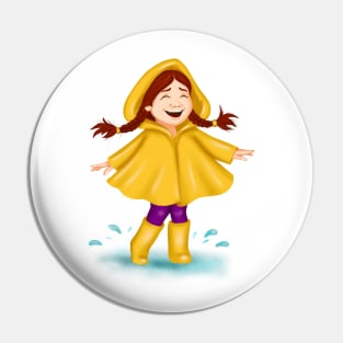 Spring fashion girl in yellow raincoat laughing and dancing in a puddle Pin