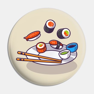 Sushi With Chopstick And Shoyu on Plate Cartoon Pin