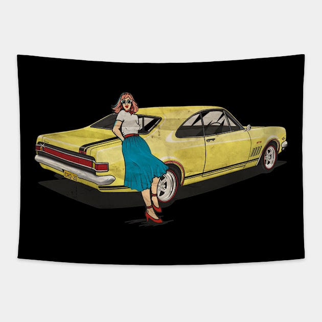 vintage yellow car and woman Tapestry by ROTI BOSOQ