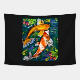 Best fishing gifts for fish lovers 2022. Koi fish pair couple swimming in koi pond with plants and flowers Tapestry