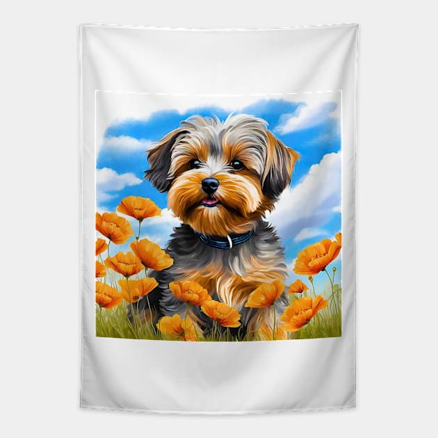 California Poppy Yorkipoo Puppy Tapestry by Doodle and Things