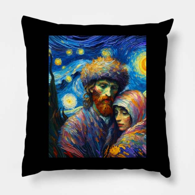 Joseph and mary in starry might Pillow by FUN GOGH