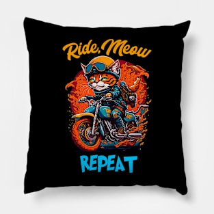 Ride,Meaw Repeat Cat riding bike funny Pillow