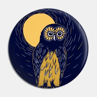 Deep blue and gold linocut of an owl on a moonlit night Pin