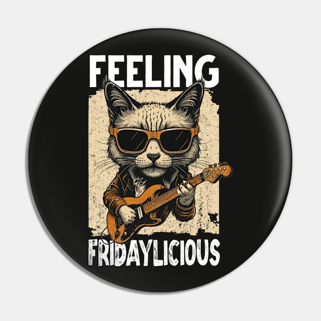 Rock Cat Playing Guitar feeling fridaylicious Funny Meme Tee Pin by NIKA13