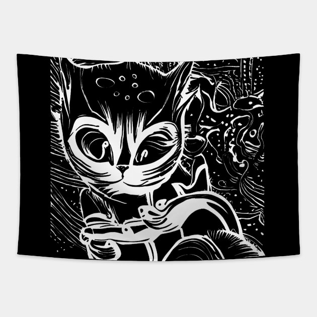 Funny Alien Cat - Whimsical White Hand Drawing Tapestry by Rishirt