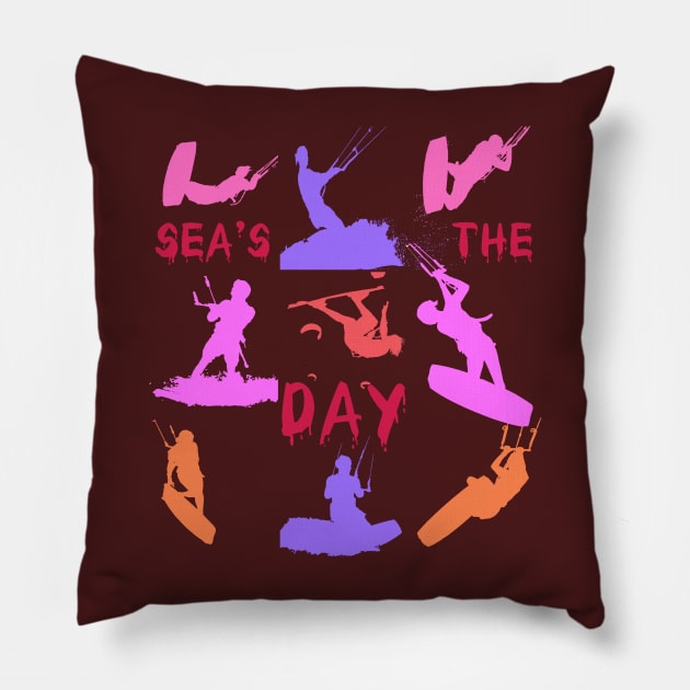 Kitesurfer Silhouette Pattern With Seas The Day Quote Pillow by taiche