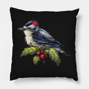 Holiday Bird Downy Woodpecker Pillow