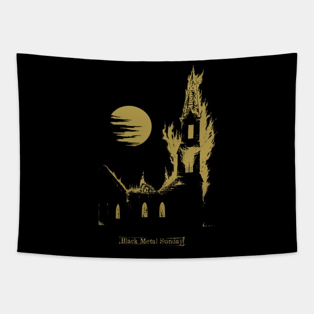 Black Metal Sunday (gold version) Tapestry by wildsidecomix