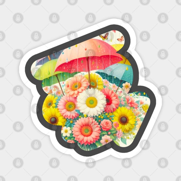 A bunch of flowers dancing in the rain with colorful umbrellas Magnet by maricetak