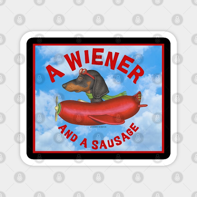 Fun Dachshund flying hot dog plane A wiener and a sausage Magnet by Danny Gordon Art