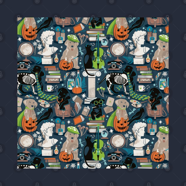 Labracadabrador halloween magic puppies // pattern // nile blue background teal limerick green and mint details black and yellow Labrador Retriever dogs by SelmaCardoso