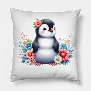 A penguin decorated with beautiful colorful flowers. Pillow