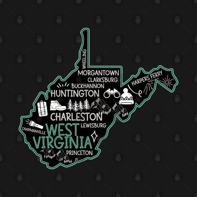 Cute map of West Virginia Charleston Lewisburg Huntington Morgantown Buckhannon by BoogieCreates