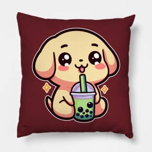 Golden Retriever Puppy Drinking Boba Tea Cute Kawaii Golden Dog Lover Pillow