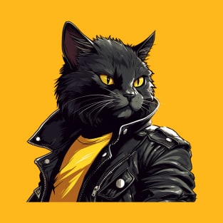 Tough Kitty In Leather Jacket And Yellow Shirt T-Shirt