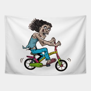 Zombie Bicycle, Zombie Riding bike, Zombie cycling, Zombie with Bicycle, zombie Rider, Halloween Cycling Pun, Retro Vintage Creepy Horror Spooky Halloween Art for Cyclist and cycling lovers Tapestry