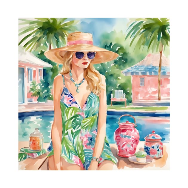 Girl in sunglasses at the swimming pool by SophieClimaArt