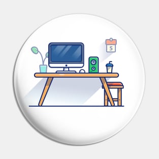 Table, Monitor, Mouse, Speaker, Plant, Calendar, Cup, And Chair Cartoon Pin