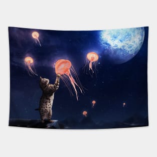 Novelty Cat and Flying Jellyfish Surrealism Art Tapestry