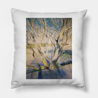 Winter tree in snowy landscape watercolour painting Pillow