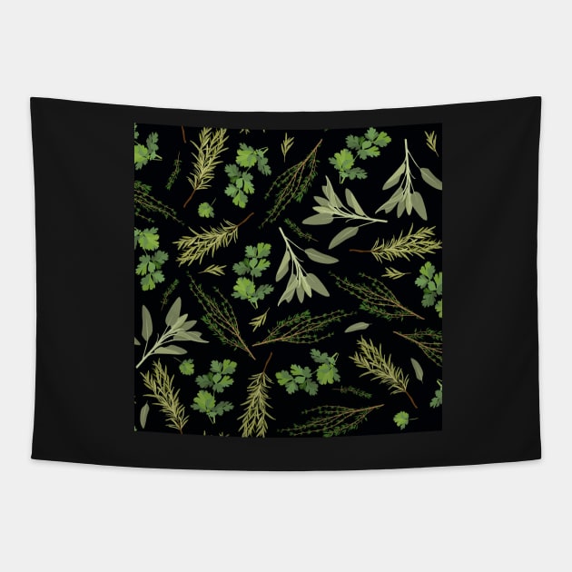 Parsley, sage, rosemary and thyme - black Tapestry by kobyakov